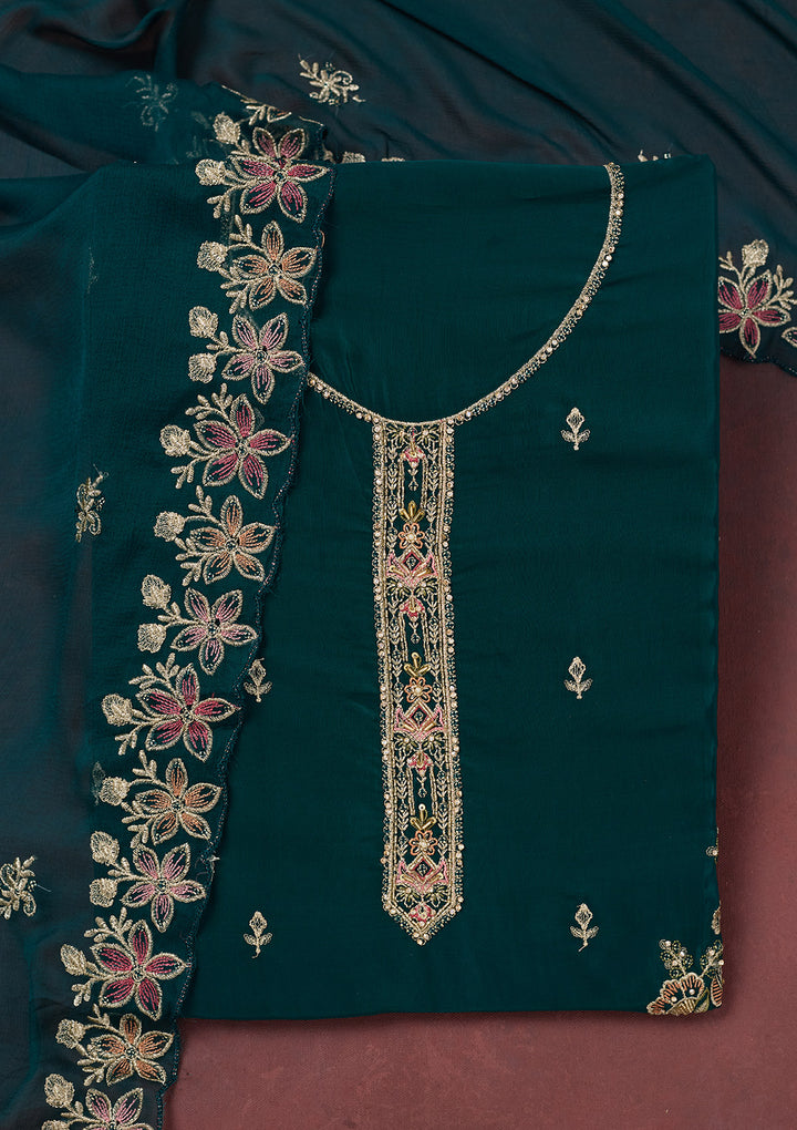 Peacock Blue Crepe Threadwork Unstitched Dress Material With Matching Bottom And Dupatta