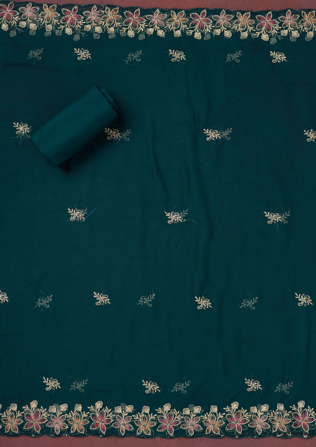 Peacock Blue Crepe Threadwork Unstitched Dress Material With Matching Bottom And Dupatta