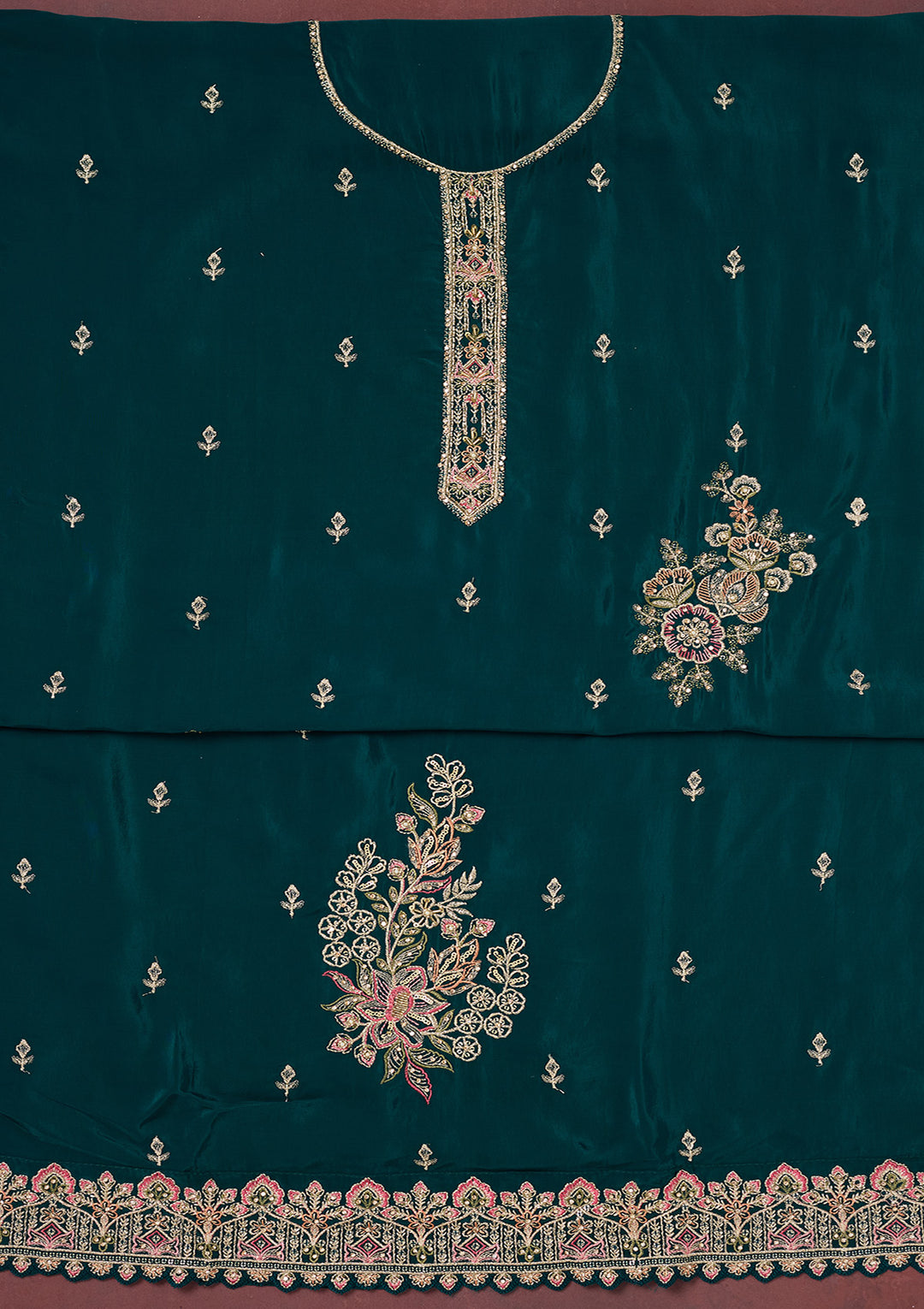 Peacock Blue Crepe Threadwork Unstitched Dress Material With Matching Bottom And Dupatta