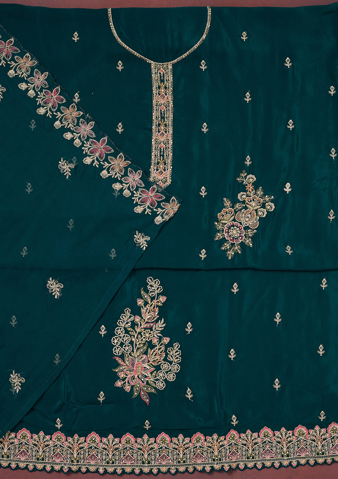 Peacock Blue Crepe Threadwork Unstitched Dress Material With Matching Bottom And Dupatta