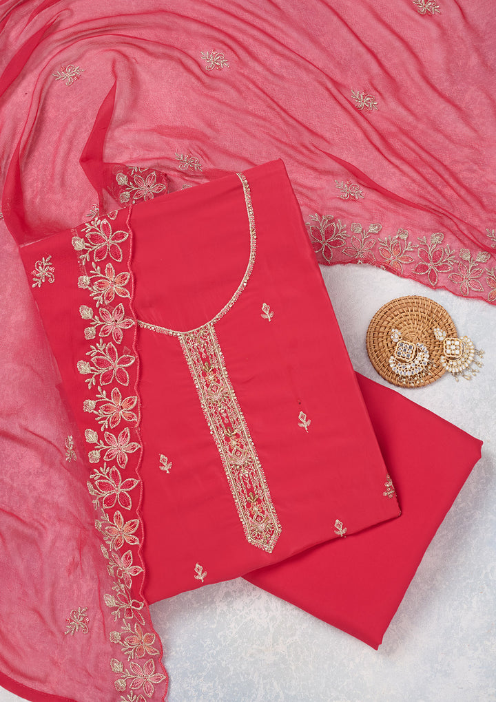 Rani Pink Crepe Threadwork Unstitched Dress Material With Matching Bottom And Dupatta