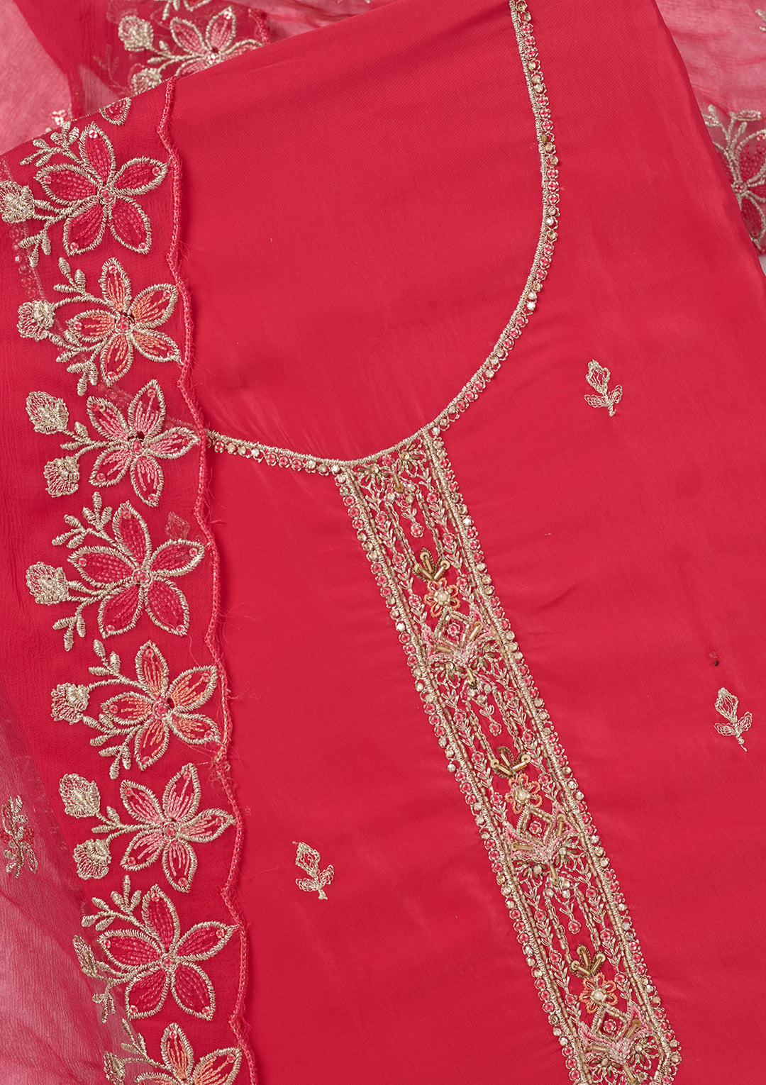 Rani Pink Crepe Threadwork Unstitched Dress Material With Matching Bottom And Dupatta