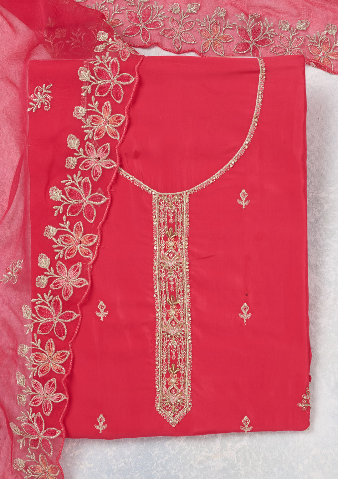 Rani Pink Crepe Threadwork Unstitched Dress Material With Matching Bottom And Dupatta
