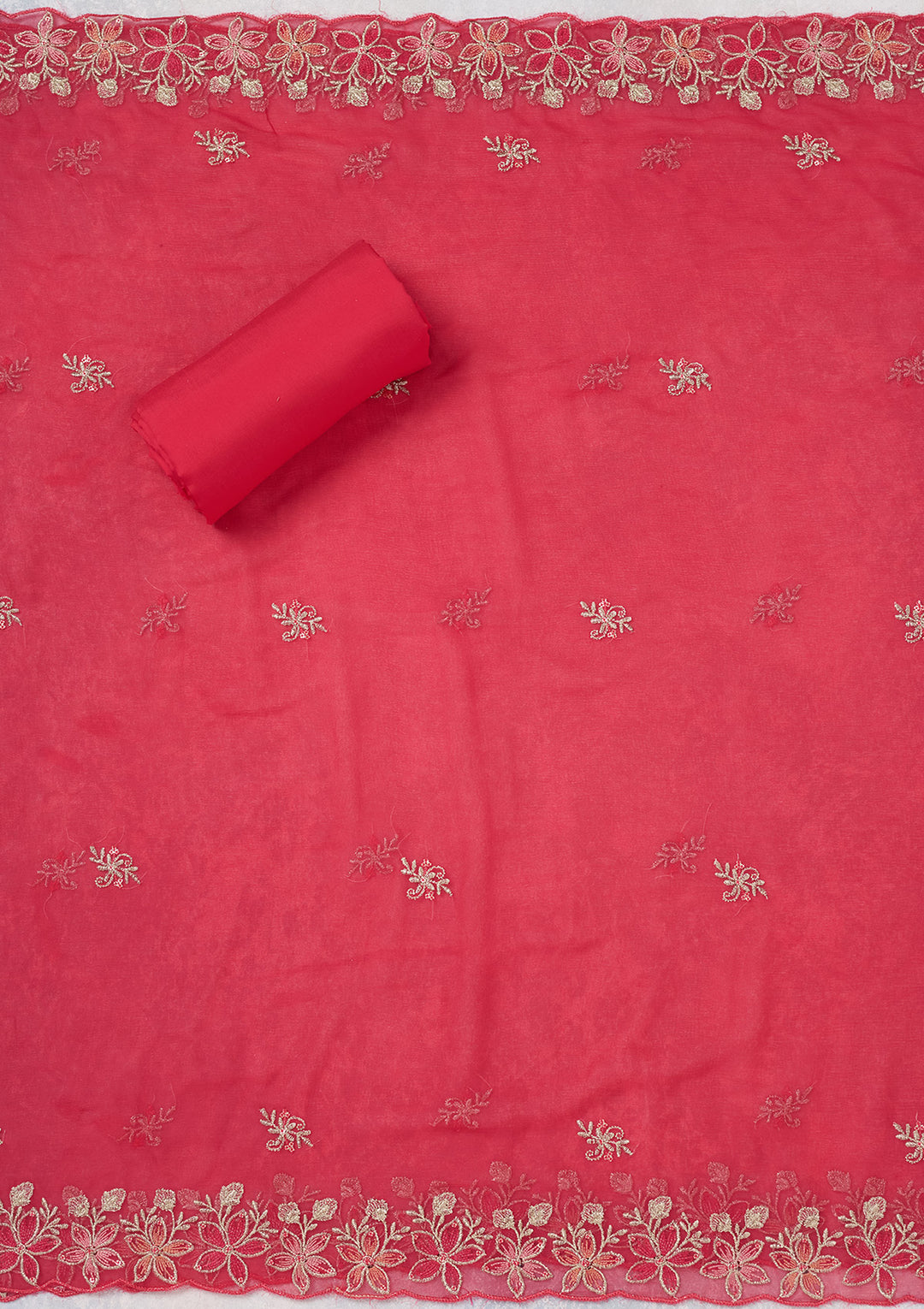 Rani Pink Crepe Threadwork Unstitched Dress Material With Matching Bottom And Dupatta