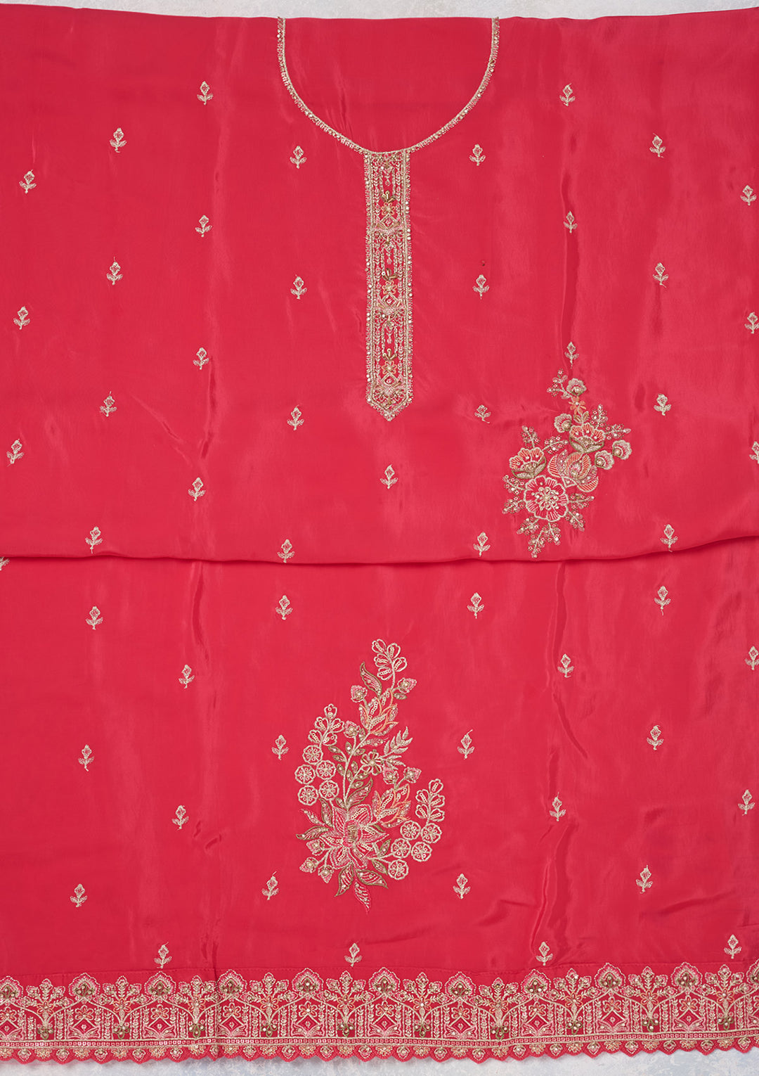 Rani Pink Crepe Threadwork Unstitched Dress Material With Matching Bottom And Dupatta