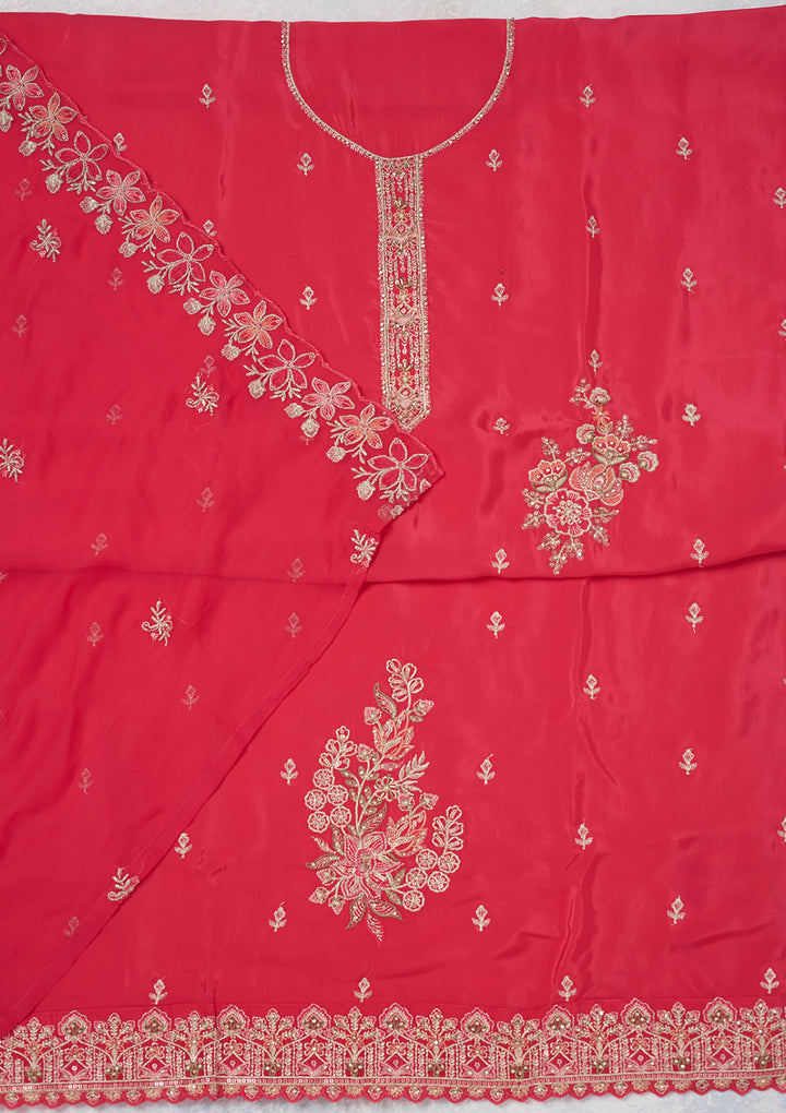 Rani Pink Crepe Threadwork Unstitched Dress Material With Matching Bottom And Dupatta