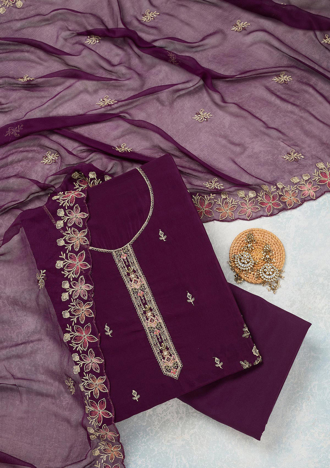 Wine Crepe Threadwork Unstitched Dress Material With Matching Bottom And Dupatta