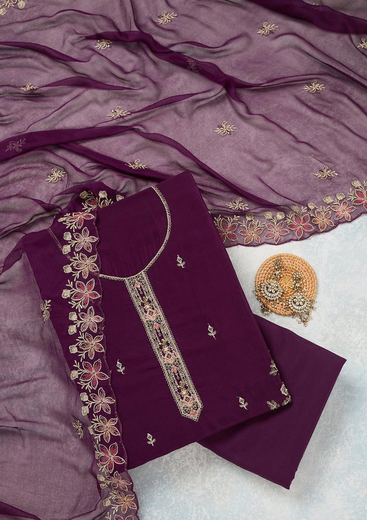 Wine Crepe Threadwork Unstitched Dress Material With Matching Bottom And Dupatta