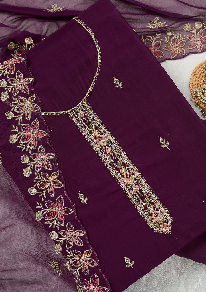 Wine Crepe Threadwork Unstitched Dress Material With Matching Bottom And Dupatta