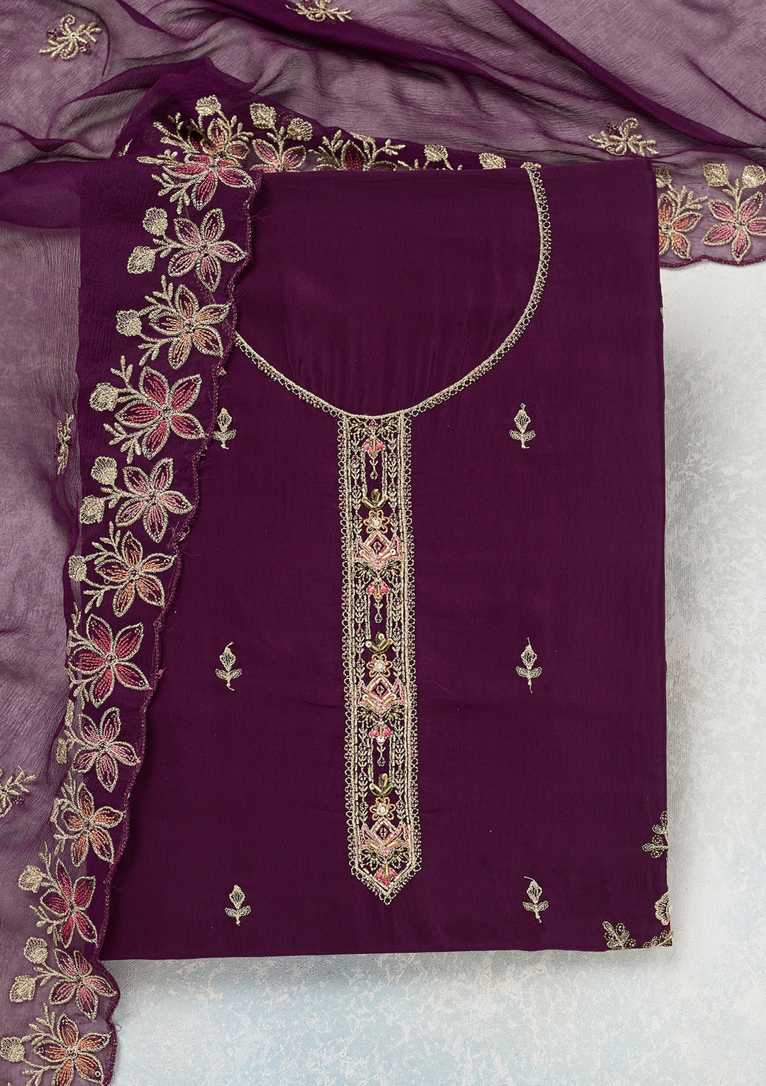Wine Crepe Threadwork Unstitched Dress Material With Matching Bottom And Dupatta