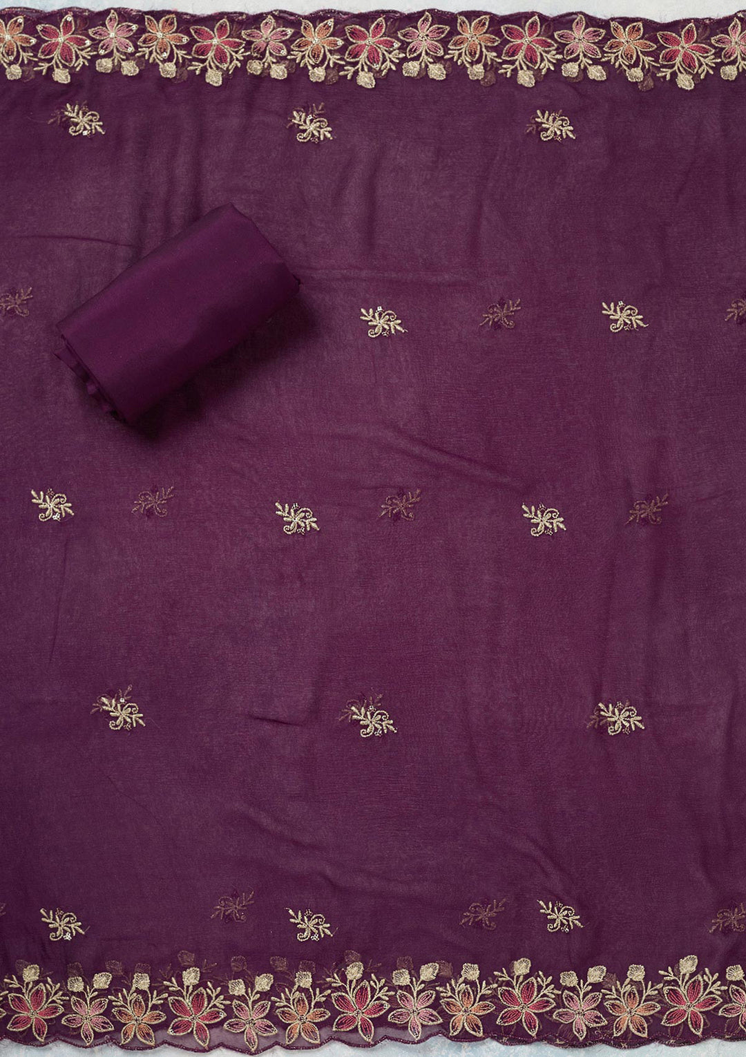 Wine Crepe Threadwork Unstitched Dress Material With Matching Bottom And Dupatta