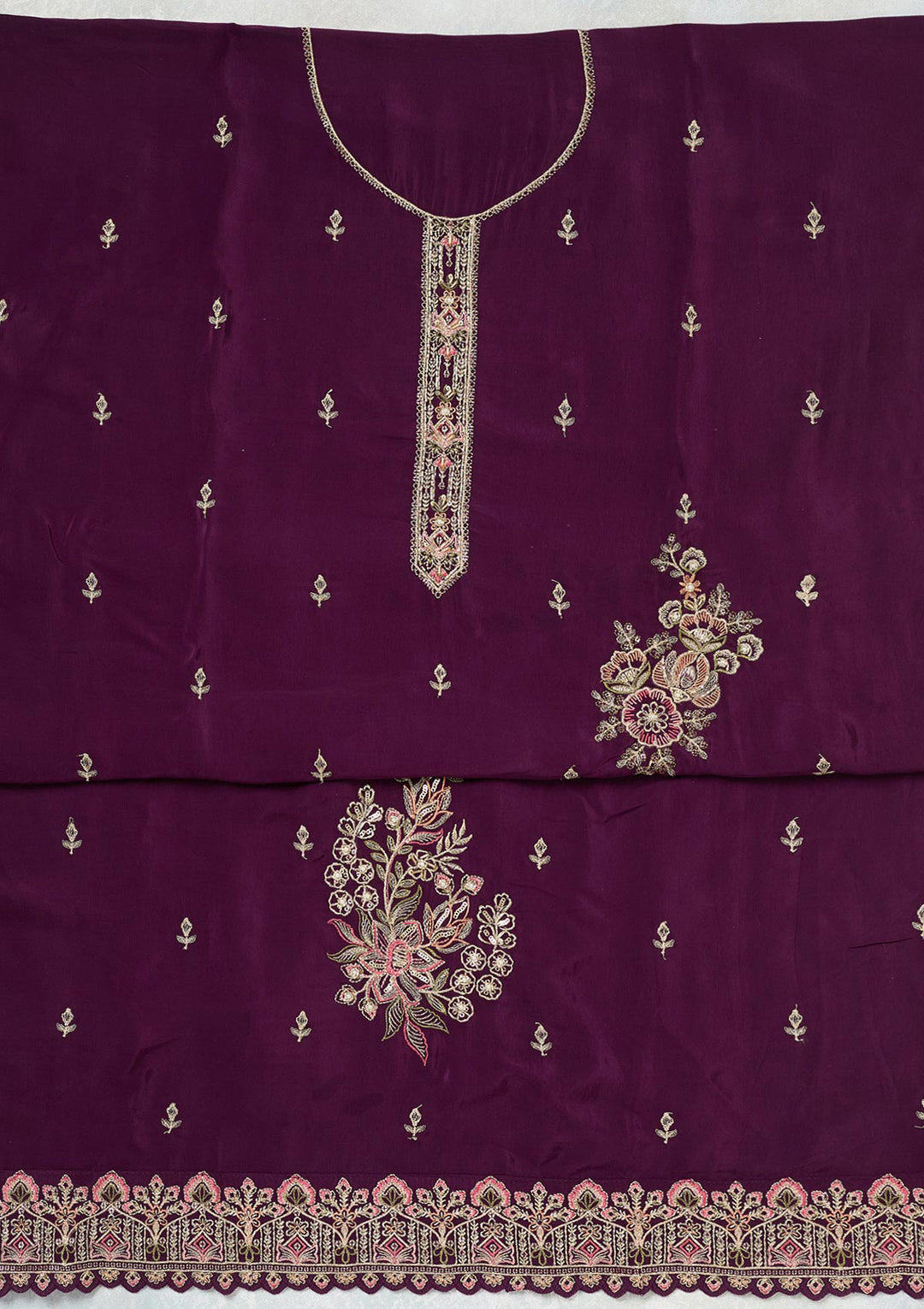 Wine Crepe Threadwork Unstitched Dress Material With Matching Bottom And Dupatta