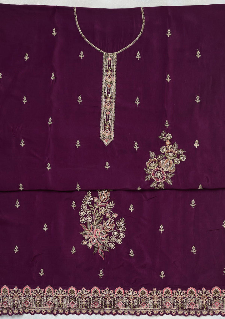 Wine Crepe Threadwork Unstitched Dress Material With Matching Bottom And Dupatta