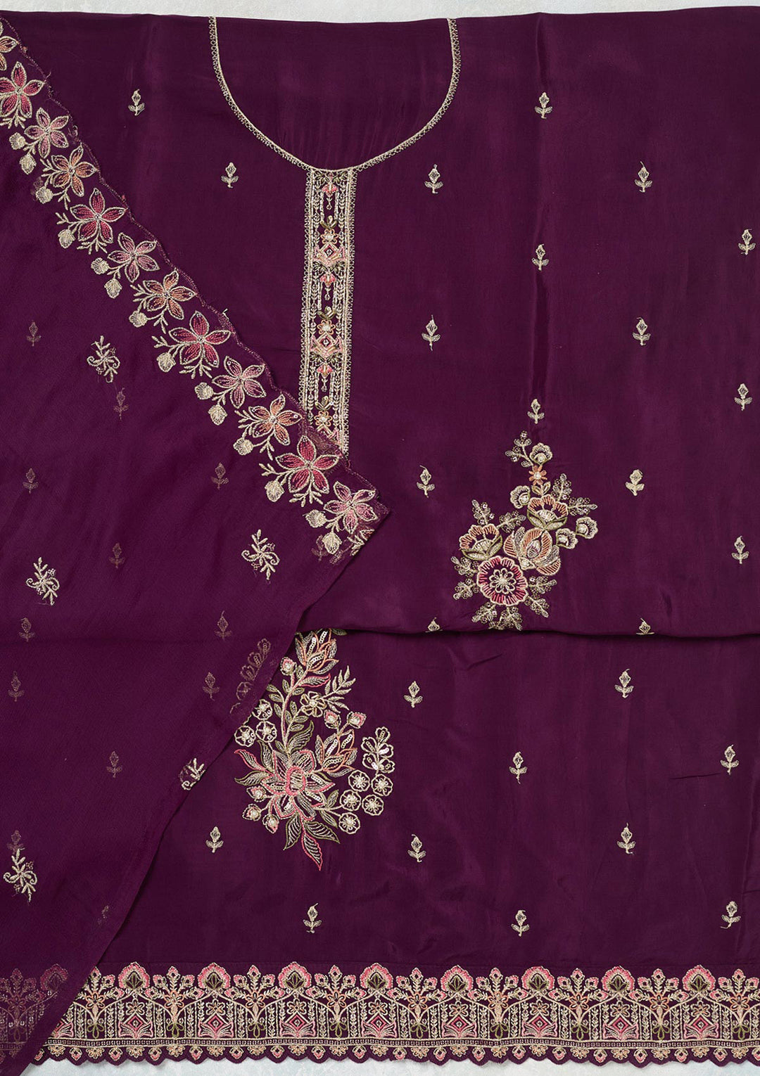 Wine Crepe Threadwork Unstitched Dress Material With Matching Bottom And Dupatta