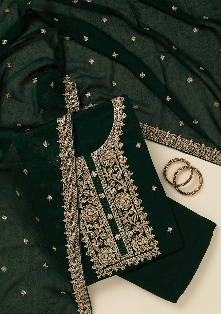 Bottle Green Georgette Threadwork Unstitched Dress Material With Matching Bottom And Dupatta