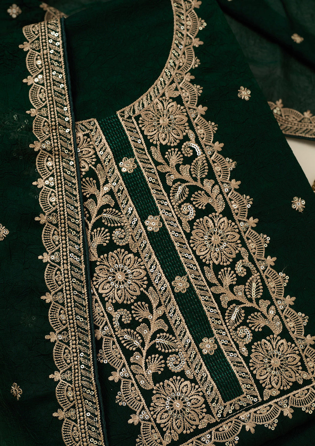 Bottle Green Georgette Threadwork Unstitched Dress Material With Matching Bottom And Dupatta