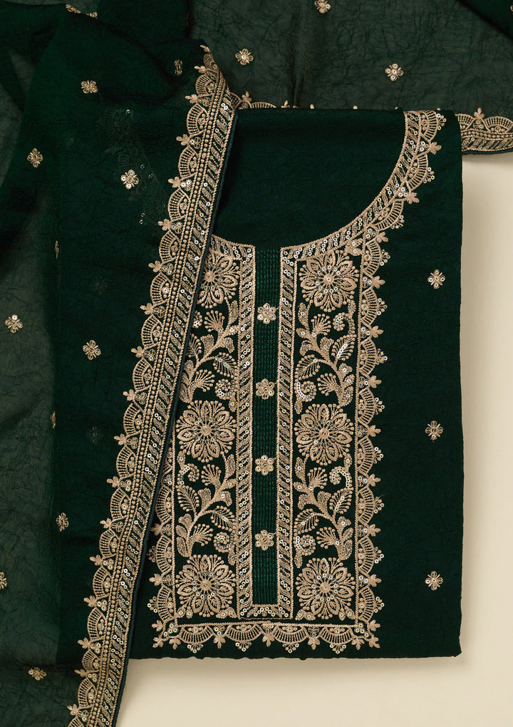 Bottle Green Georgette Threadwork Unstitched Dress Material With Matching Bottom And Dupatta