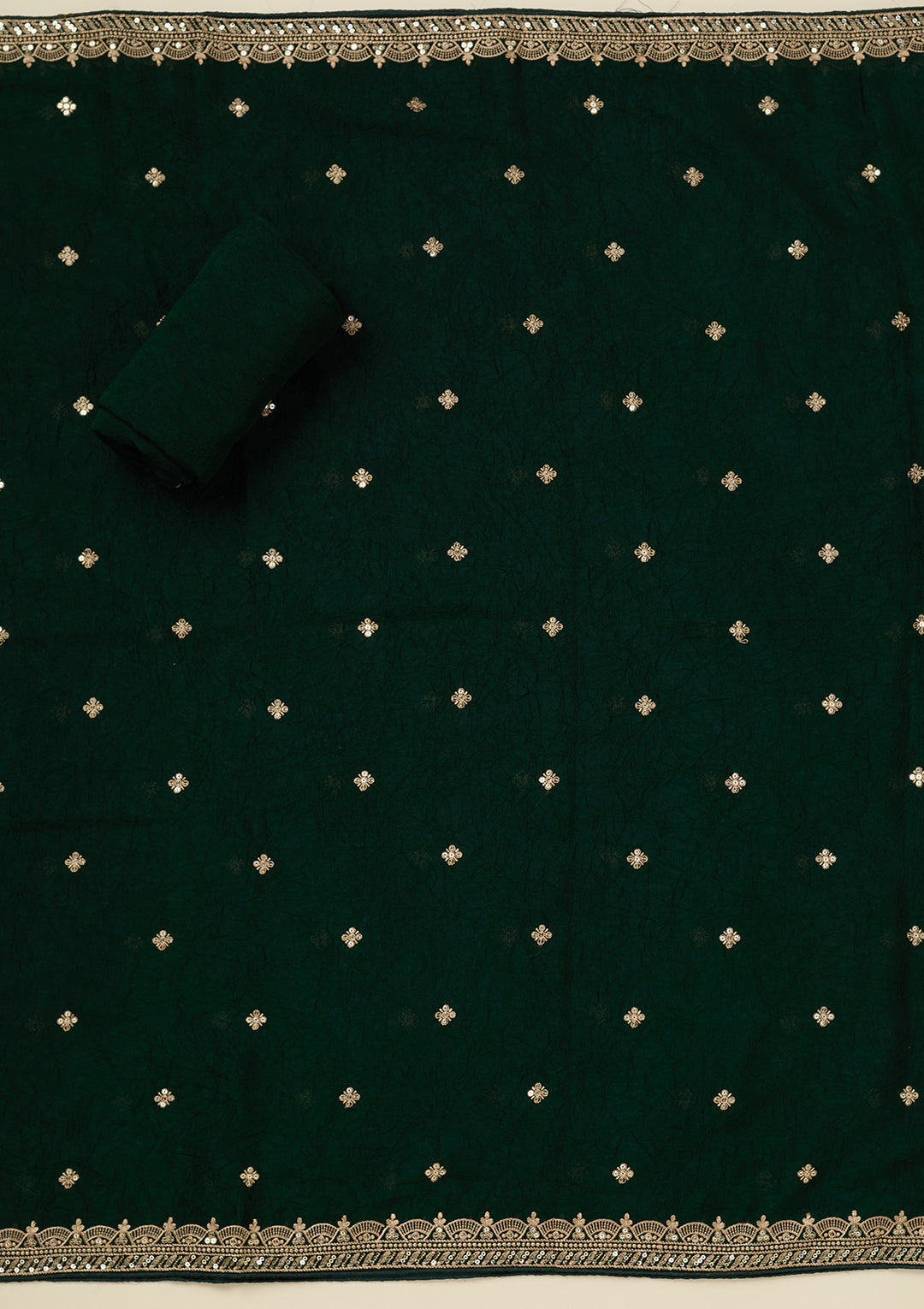 Bottle Green Georgette Threadwork Unstitched Dress Material With Matching Bottom And Dupatta