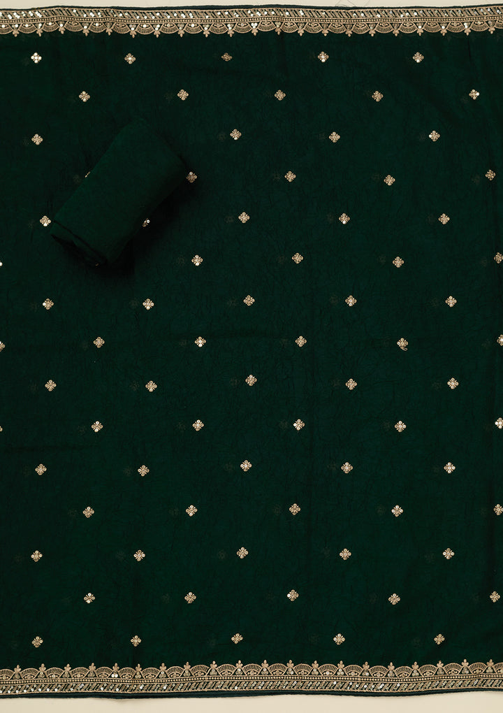 Bottle Green Georgette Threadwork Unstitched Dress Material With Matching Bottom And Dupatta