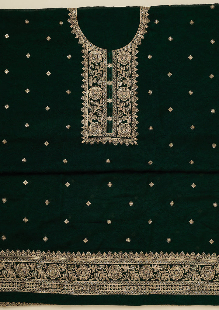 Bottle Green Georgette Threadwork Unstitched Dress Material With Matching Bottom And Dupatta