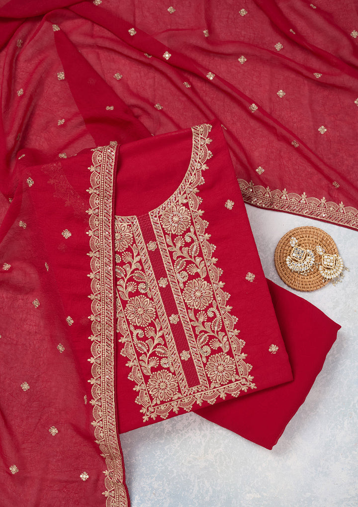 Rani Pink Georgette Threadwork Unstitched Dress Material With Matching Bottom And Dupatta