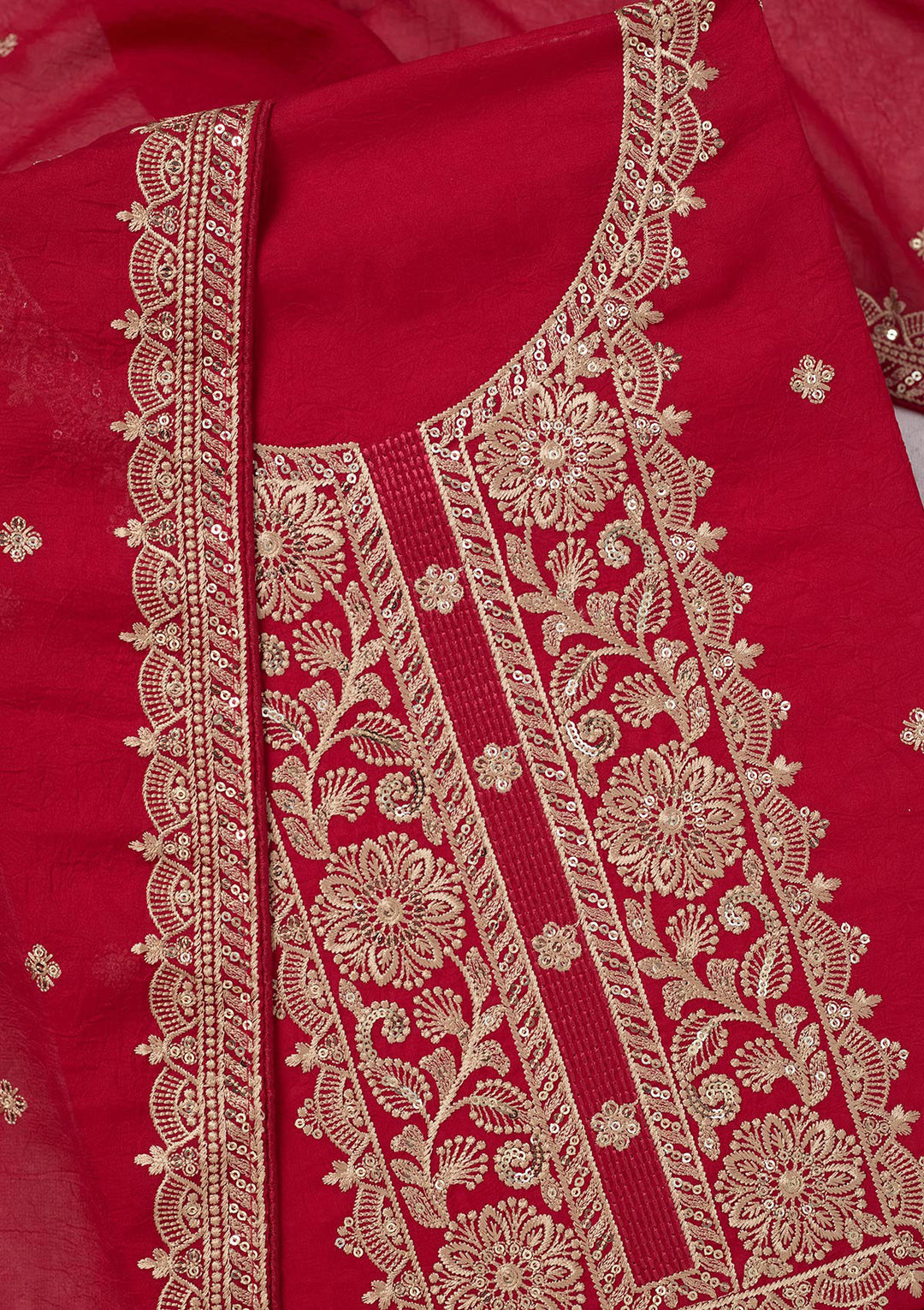 Rani Pink Georgette Threadwork Unstitched Dress Material With Matching Bottom And Dupatta