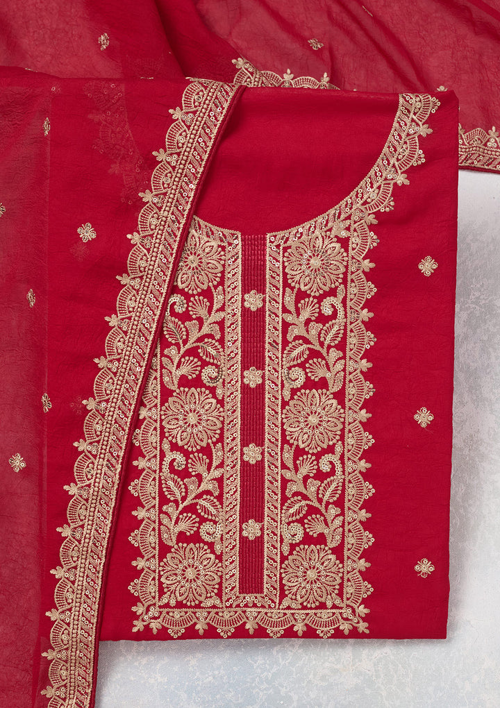 Rani Pink Georgette Threadwork Unstitched Dress Material With Matching Bottom And Dupatta
