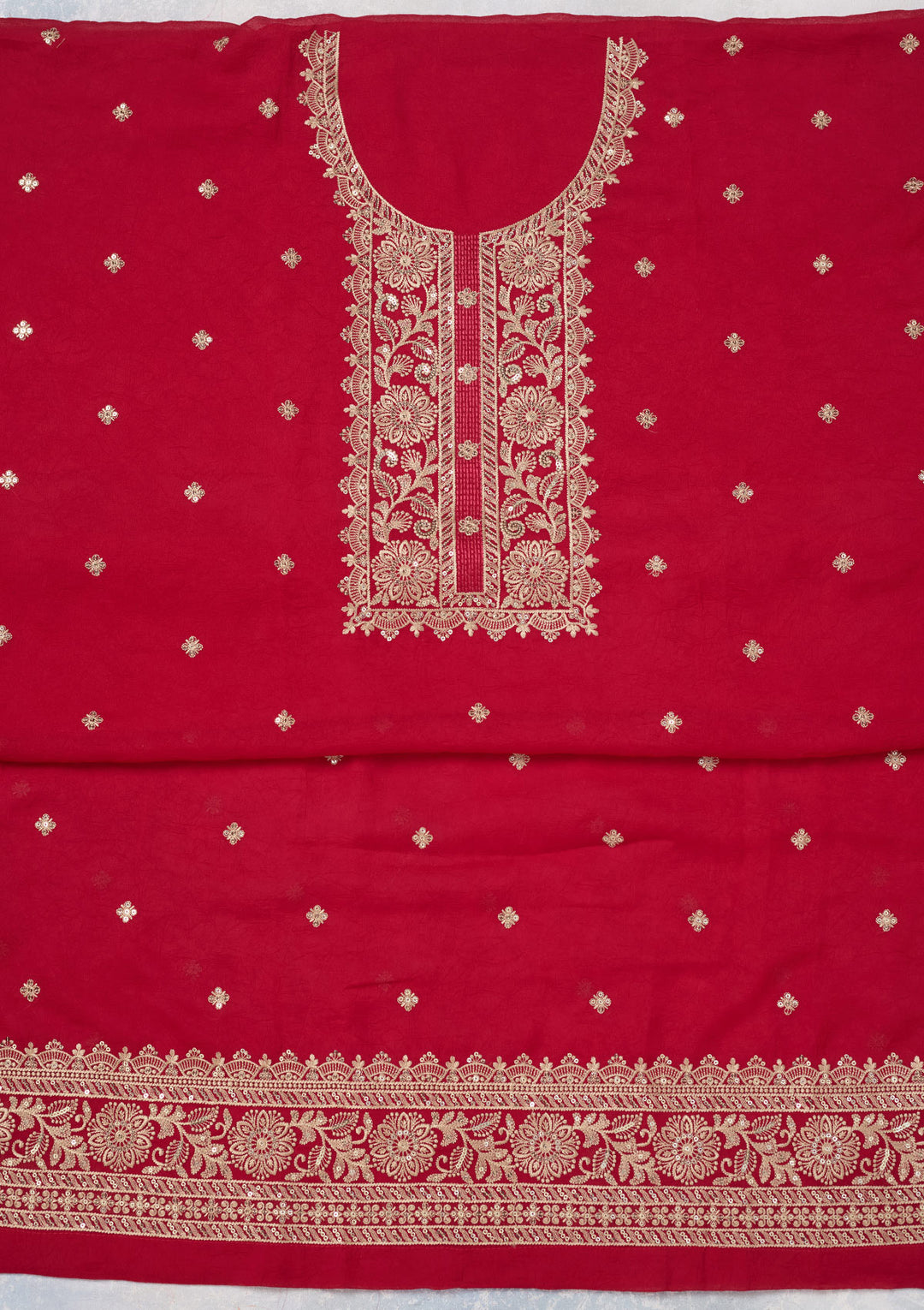 Rani Pink Georgette Threadwork Unstitched Dress Material With Matching Bottom And Dupatta