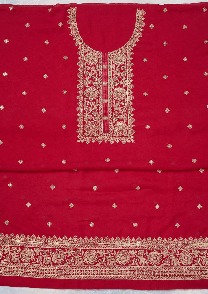 Rani Pink Georgette Threadwork Unstitched Dress Material With Matching Bottom And Dupatta