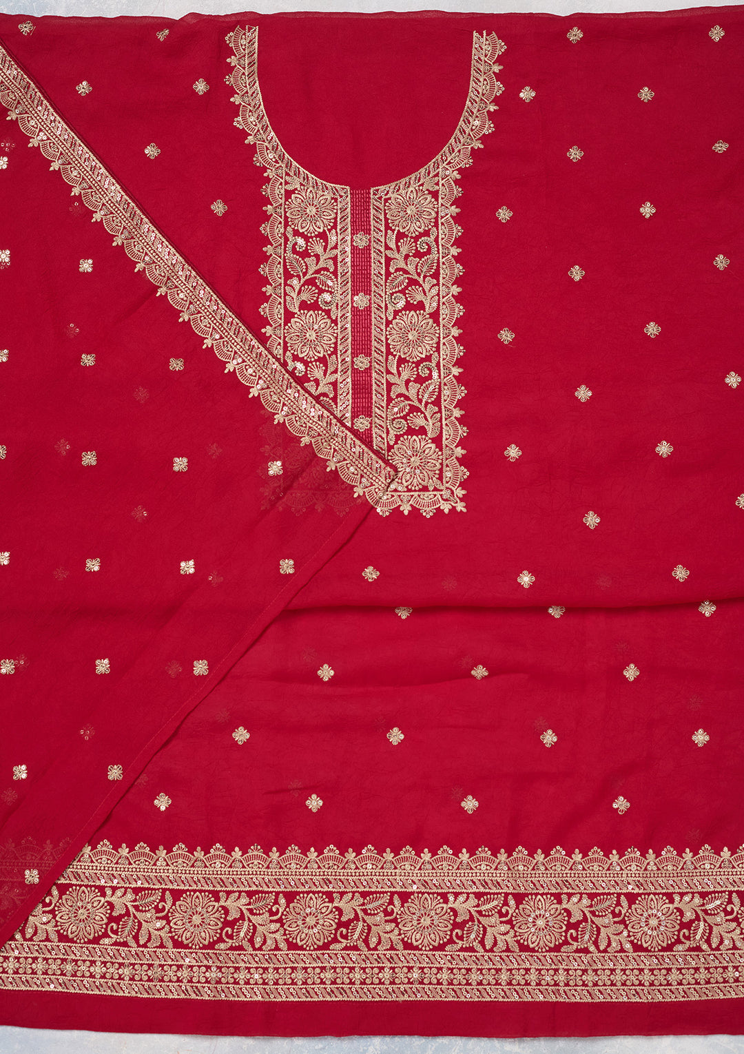 Rani Pink Georgette Threadwork Unstitched Dress Material With Matching Bottom And Dupatta