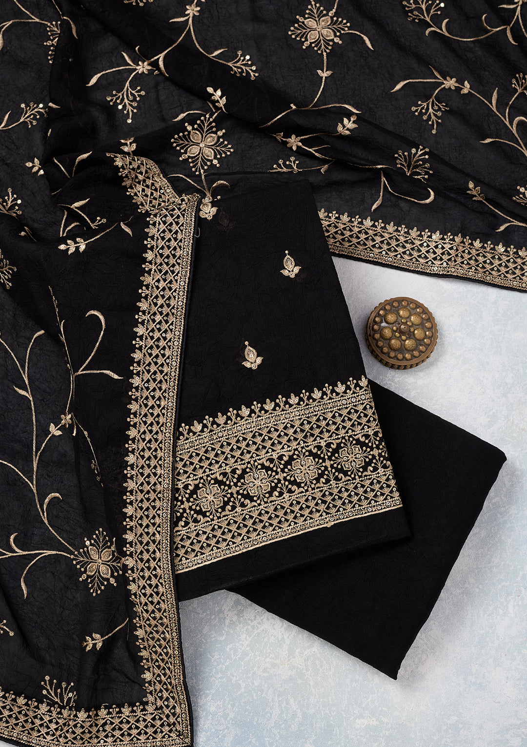 Black Georgette Threadwork Unstitched Dress Material With Matching Bottom And Dupatta