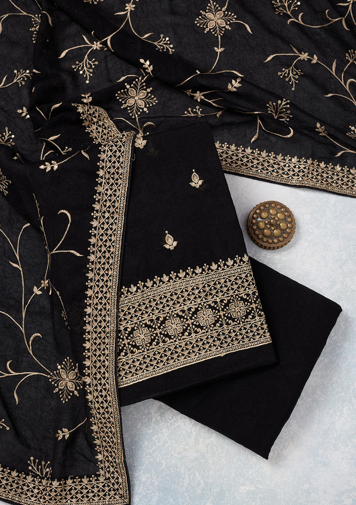 Black Georgette Threadwork Unstitched Dress Material With Matching Bottom And Dupatta