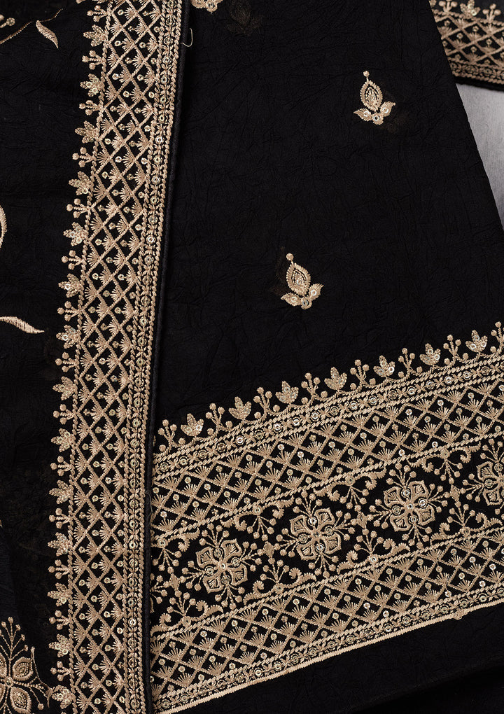 Black Georgette Threadwork Unstitched Dress Material With Matching Bottom And Dupatta