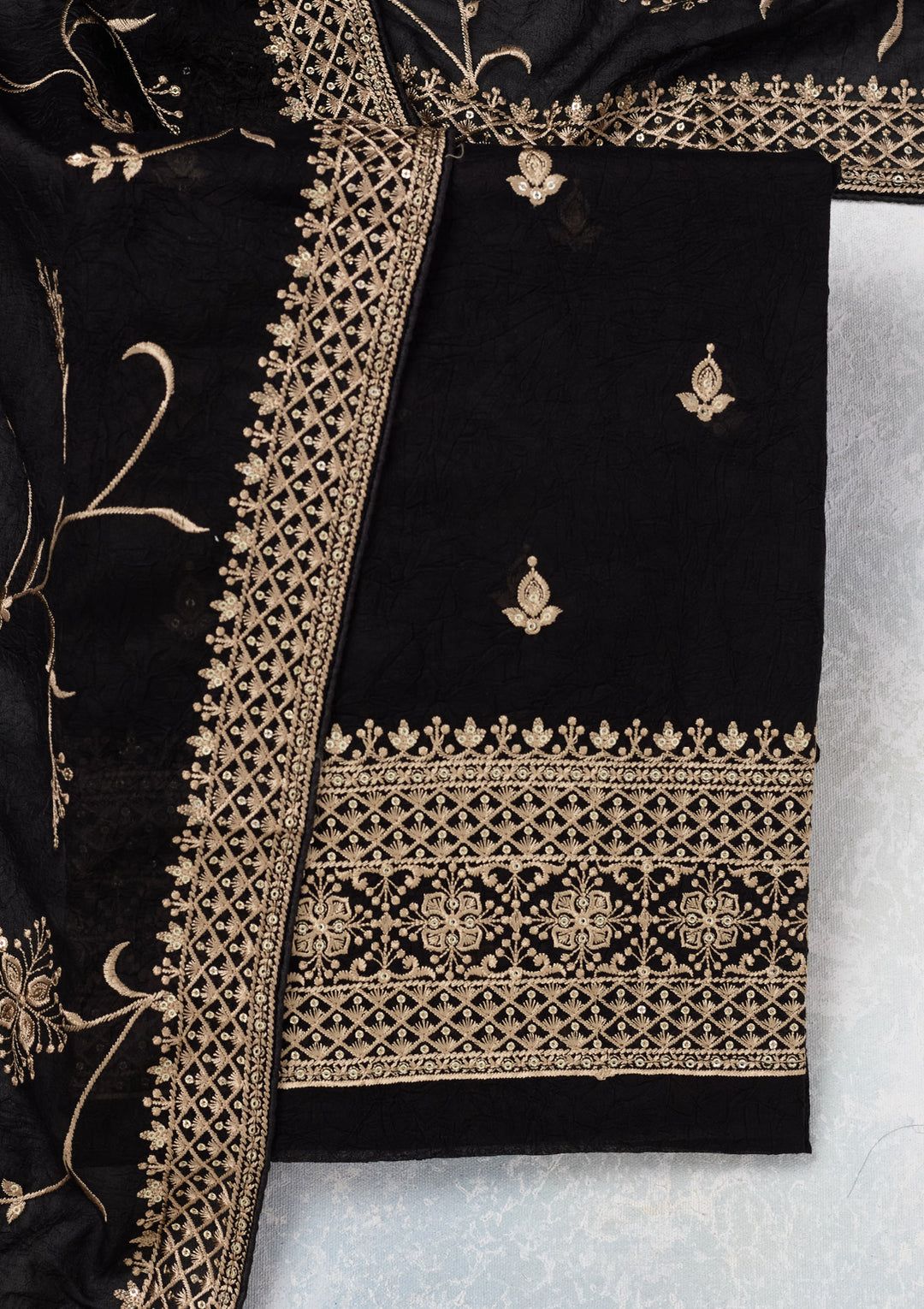 Black Georgette Threadwork Unstitched Dress Material With Matching Bottom And Dupatta