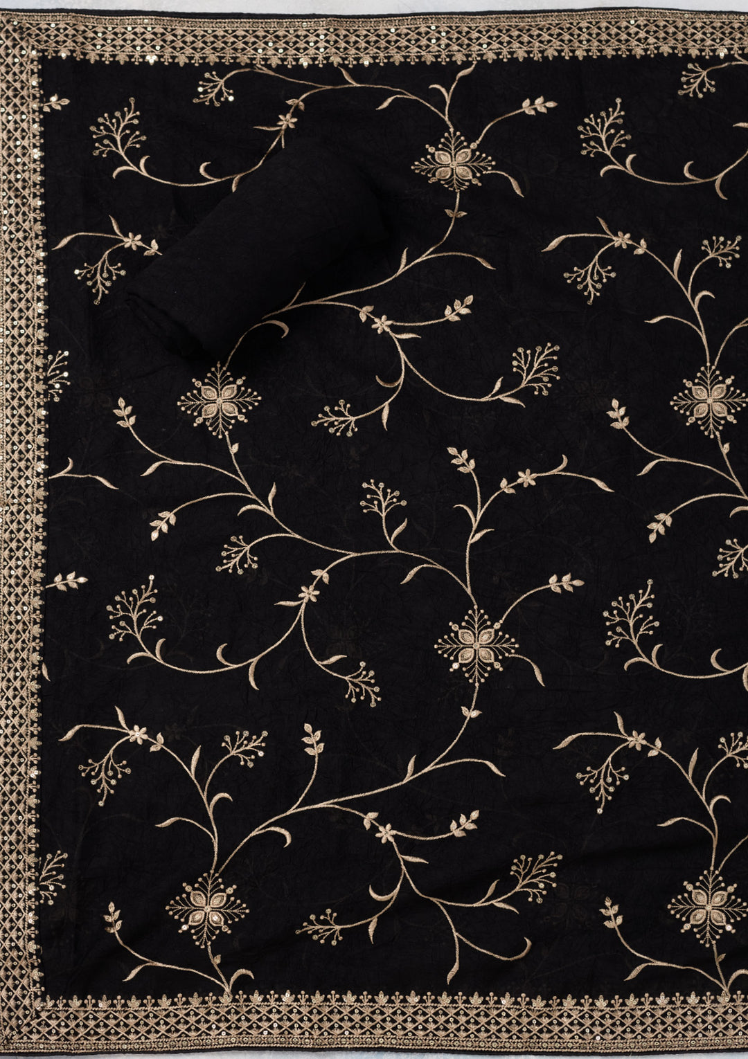 Black Georgette Threadwork Unstitched Dress Material With Matching Bottom And Dupatta