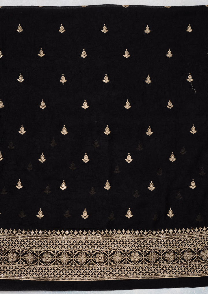 Black Georgette Threadwork Unstitched Dress Material With Matching Bottom And Dupatta