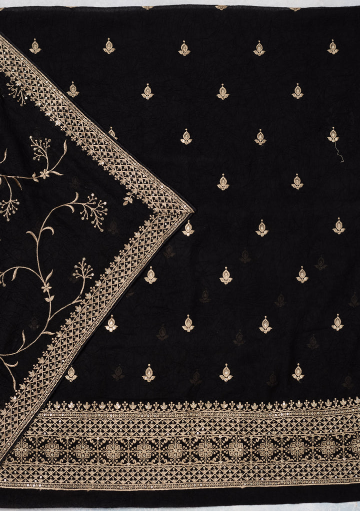 Black Georgette Threadwork Unstitched Dress Material With Matching Bottom And Dupatta