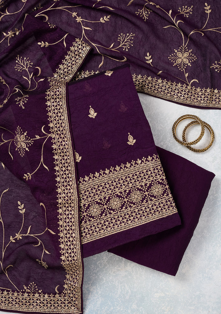 Purple Georgette Threadwork Unstitched Dress Material With Matching Bottom And Dupatta