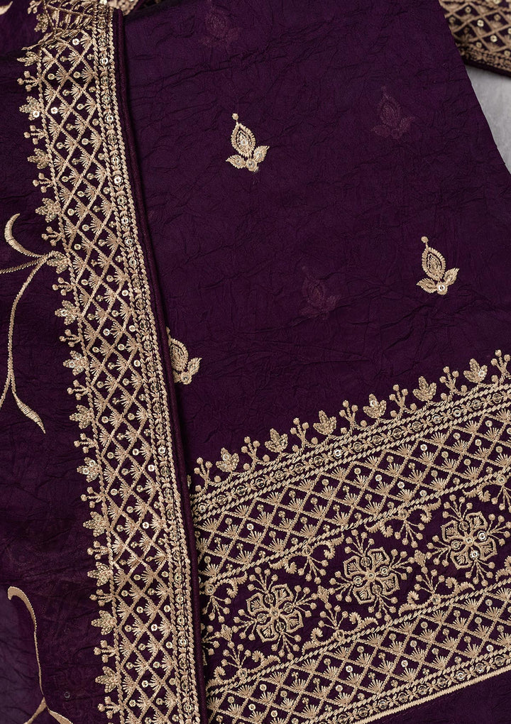 Purple Georgette Threadwork Unstitched Dress Material With Matching Bottom And Dupatta