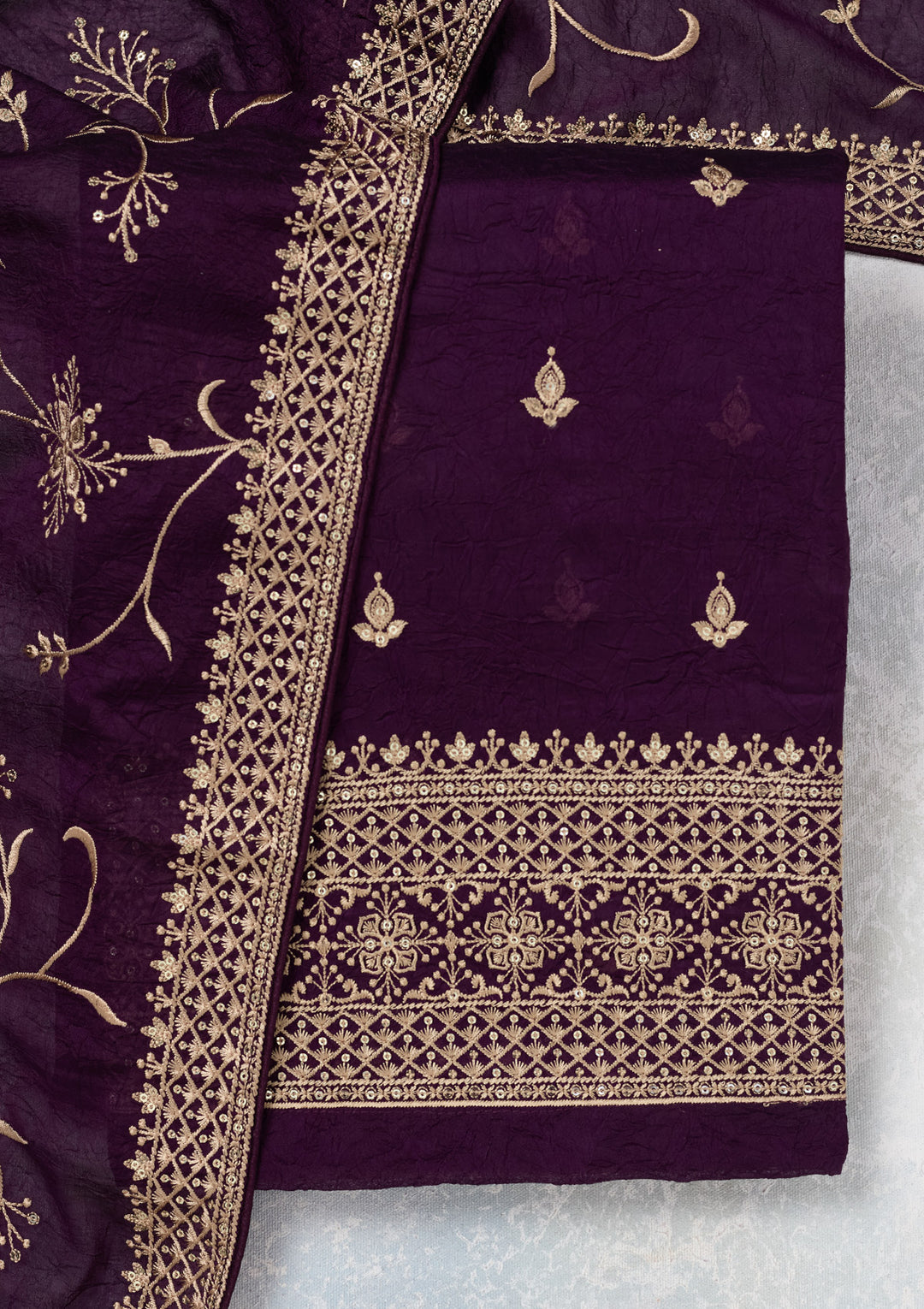 Purple Georgette Threadwork Unstitched Dress Material With Matching Bottom And Dupatta