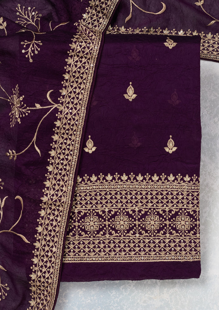 Purple Georgette Threadwork Unstitched Dress Material With Matching Bottom And Dupatta