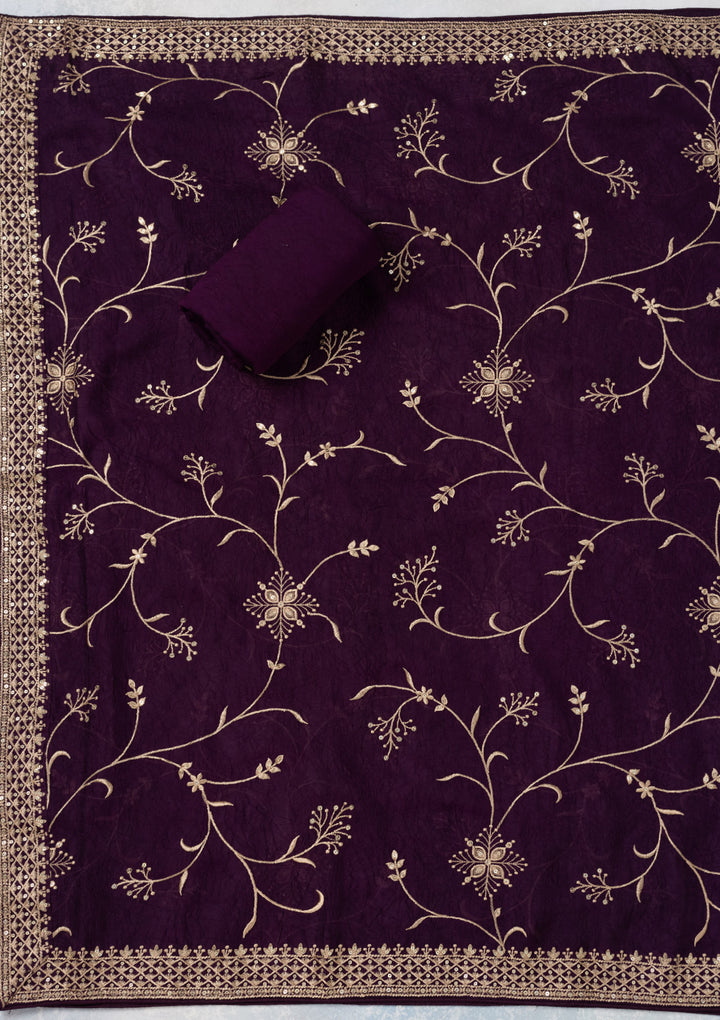 Purple Georgette Threadwork Unstitched Dress Material With Matching Bottom And Dupatta
