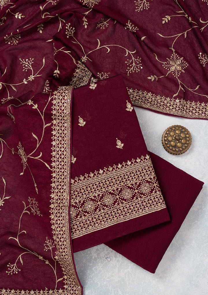 Wine Georgette Threadwork Unstitched Dress Material With Matching Bottom And Dupatta