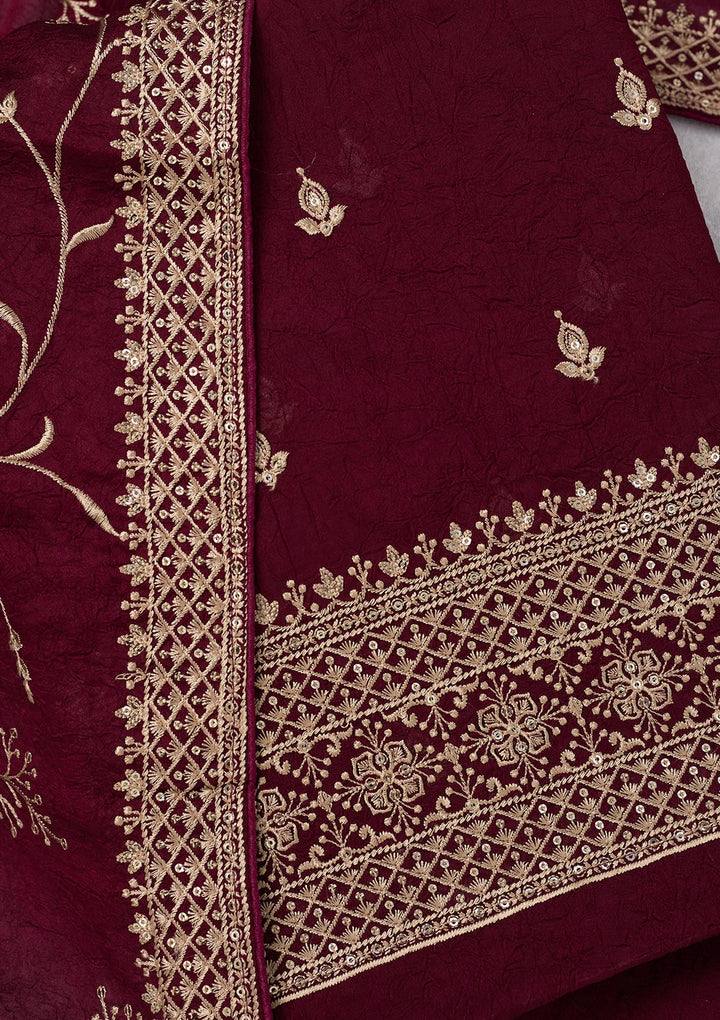 Wine Georgette Threadwork Unstitched Dress Material With Matching Bottom And Dupatta