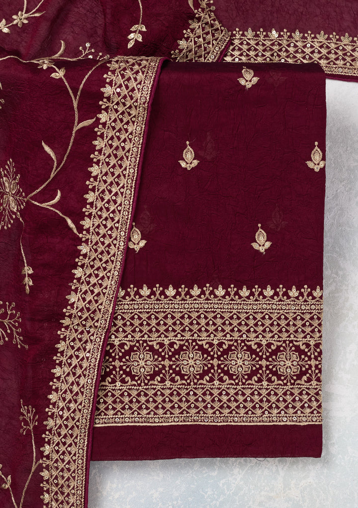 Wine Georgette Threadwork Unstitched Dress Material With Matching Bottom And Dupatta