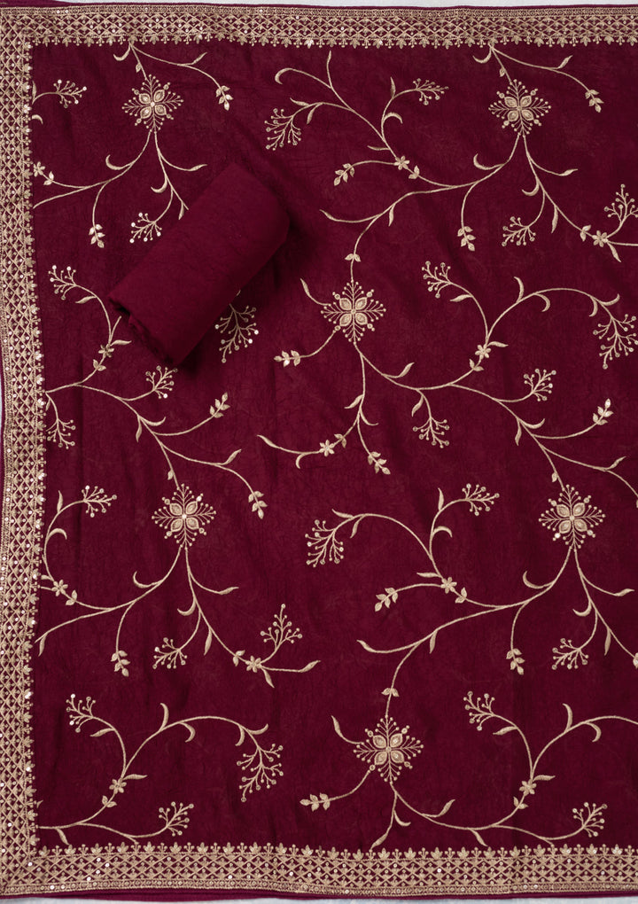 Wine Georgette Threadwork Unstitched Dress Material With Matching Bottom And Dupatta