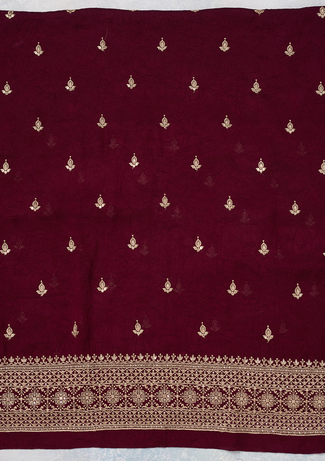 Wine Georgette Threadwork Unstitched Dress Material With Matching Bottom And Dupatta