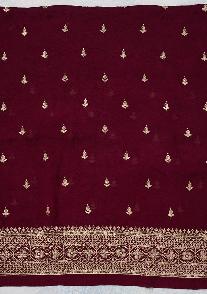 Wine Georgette Threadwork Unstitched Dress Material With Matching Bottom And Dupatta