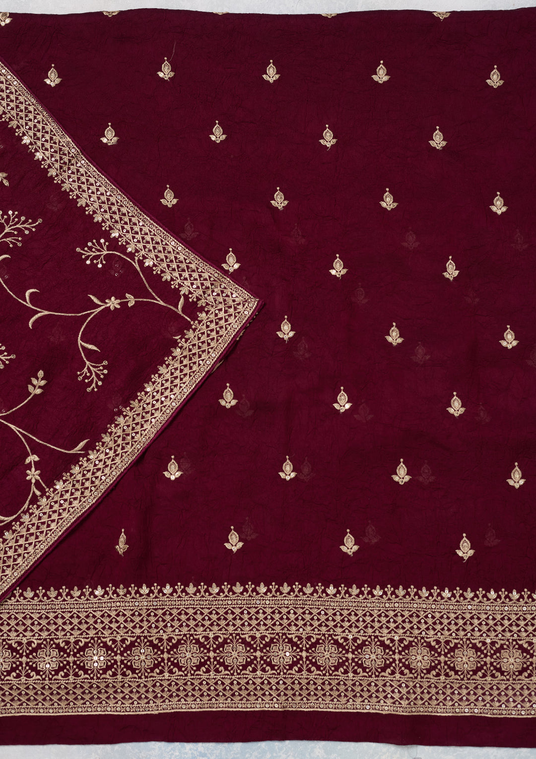 Wine Georgette Threadwork Unstitched Dress Material With Matching Bottom And Dupatta