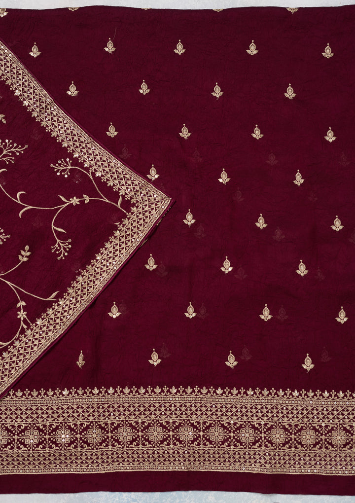 Wine Georgette Threadwork Unstitched Dress Material With Matching Bottom And Dupatta
